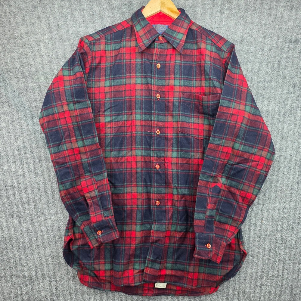 Vintage Pendleton Men‎ Virgin Wool Plaid Flannel Shirt Red Green Blue Made USA M